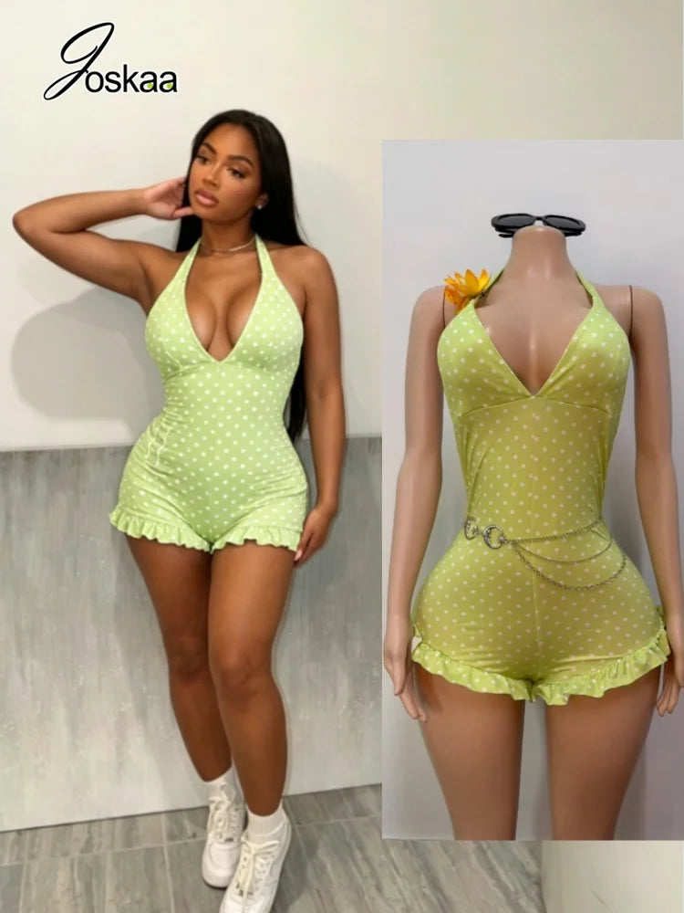 Women's Polka Dot Backless V-neck Halter Romper - Side View