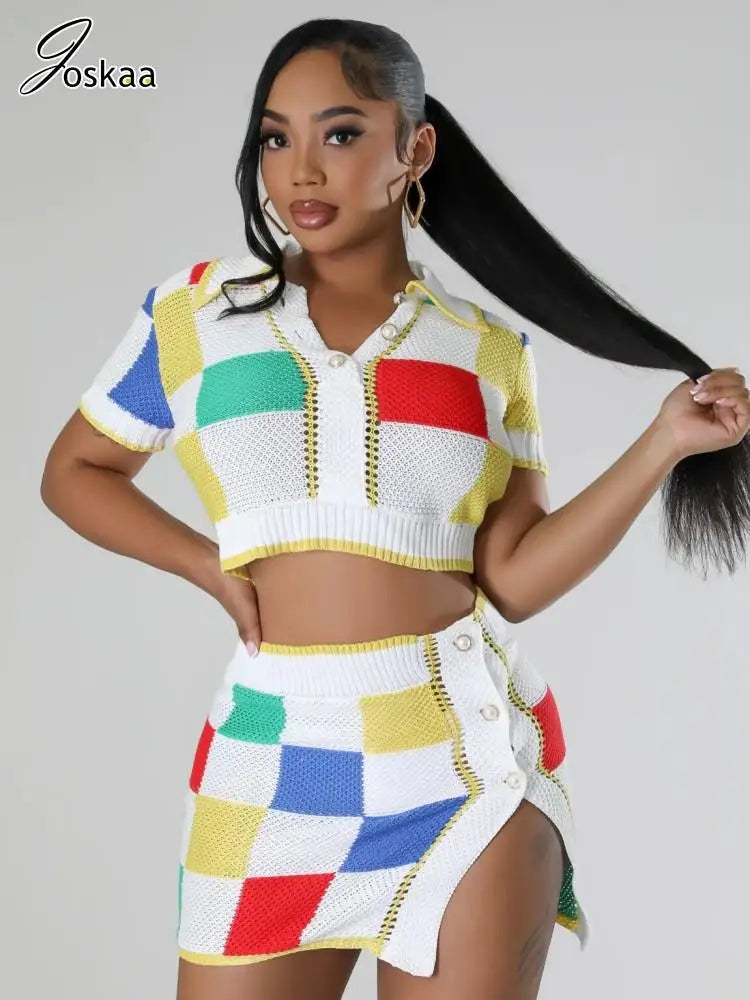 Women's Knit Short Sleeve Mini Two Piece Set Colorful – Side View
