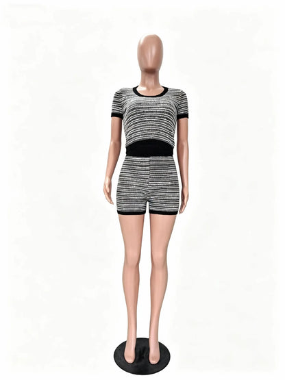 Women's Stripe Knit Short Sleeve Two Piece Set