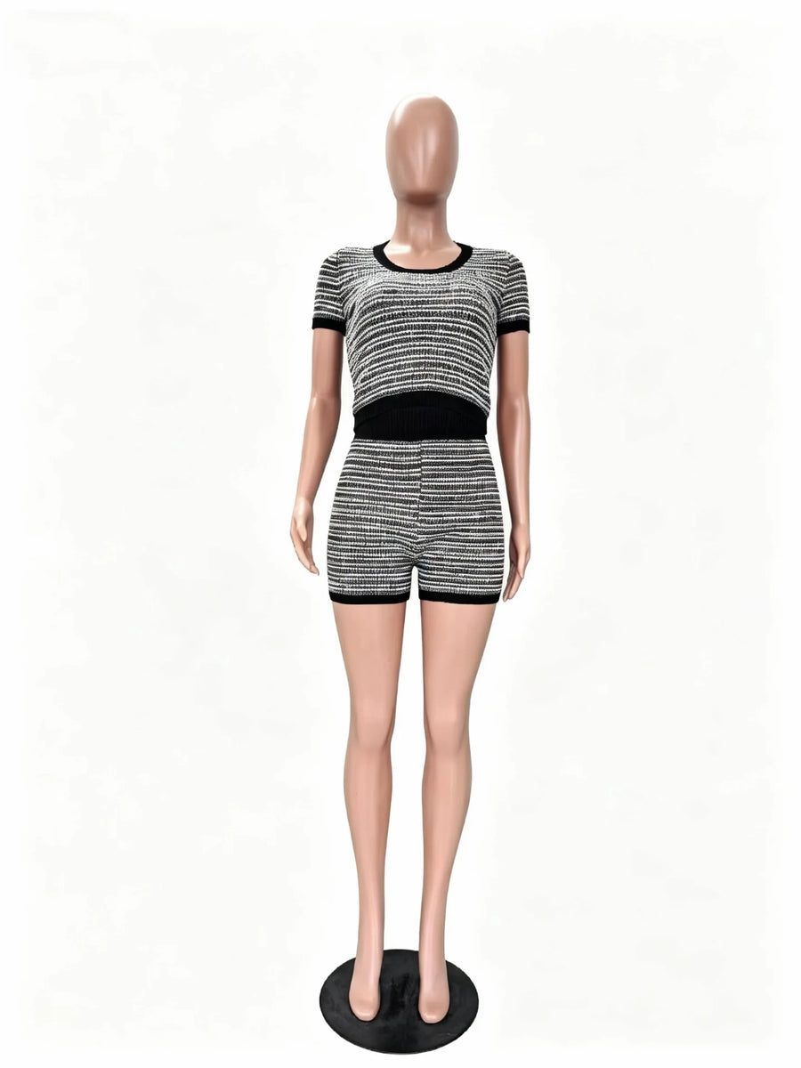 Women's Stripe Knit Short Sleeve Two Piece Set