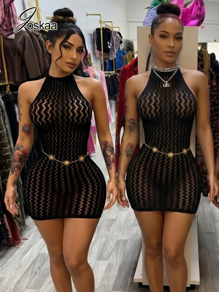 Women's Mesh Halter Sleeveless Mini Dress Black – Front View