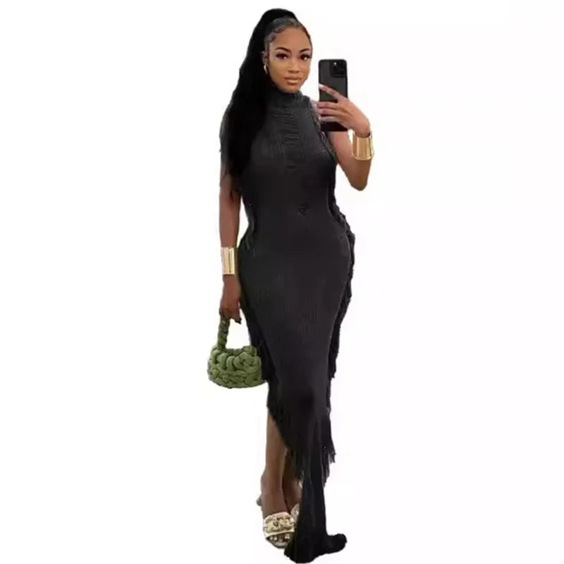 Women's Knit Ribbed Tassels Irregular Bodycon Dress