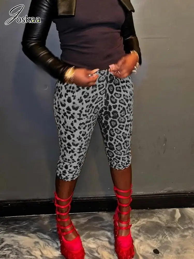 Women's Leopard Print Sequin Crop Bodycon Pants Top Gray Leopard – Side View