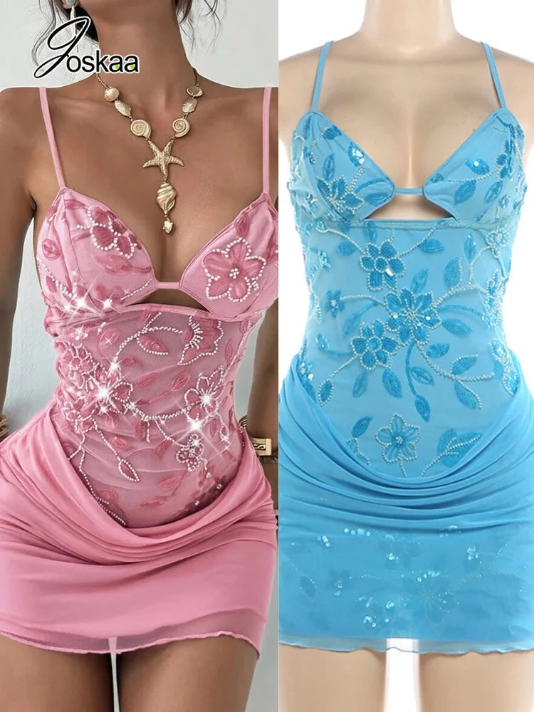 Women's Mesh Sequin Backless V-neck Mini Dress - Women's Fashion Wholesale - Front View