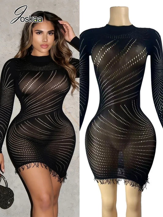 Women's Mesh Cutout Long Sleeve Bodycon Mini Dress - Women's Fashion Wholesale - Front View