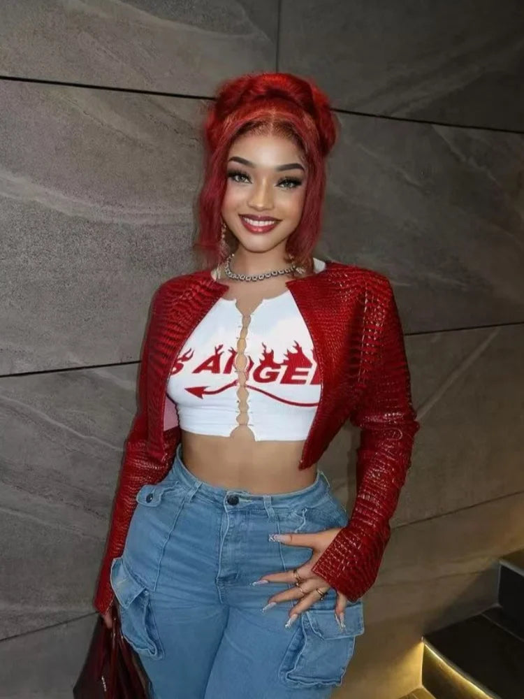 Women's Sequin Long Sleeve Crop Shiny Red Jackets Jacket – Women's Fashion Wholesale – Front View