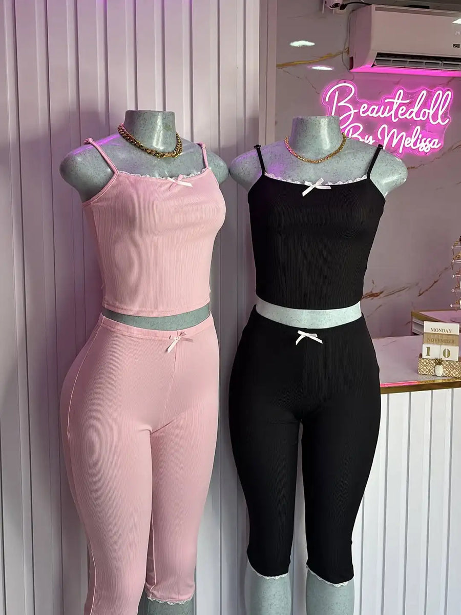 Joskaa Lace Crop Two Piece Set Patchwork Homewear Bow - two piece set image 1