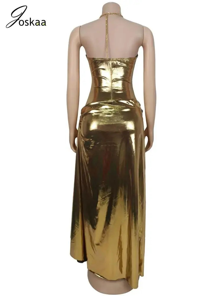 Women's Ruched Cutout Halter Sleeveless Maxi Dress Golden – Detail View