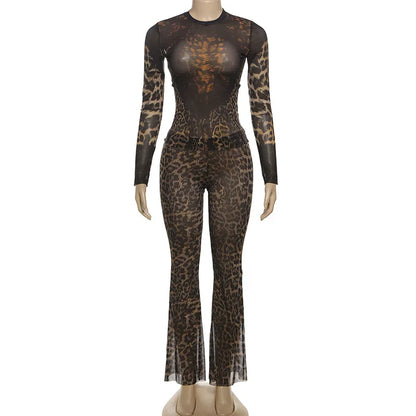 Women's Leopard Print Long Sleeve Two Piece Set