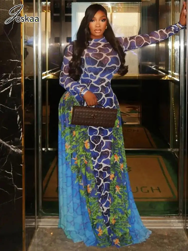 Women's Floral Print Mesh Long Sleeve Maxi Dress Blue Green – Front View