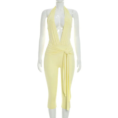 Women's Backless V-neck Halter Sleeveless Romper Cropped - Detail View 8