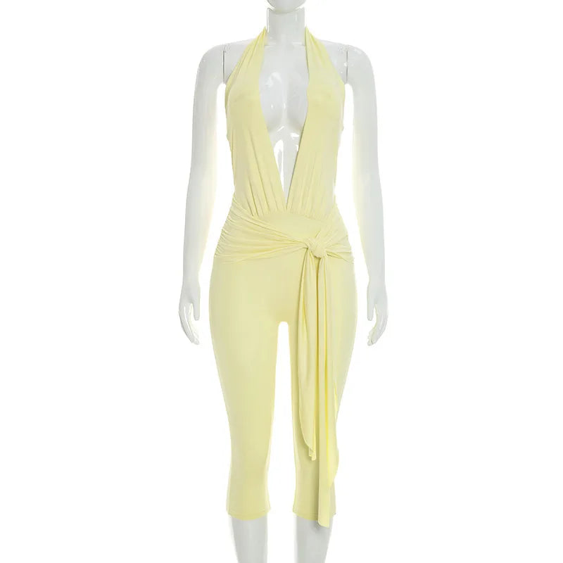 Women's Backless V-neck Halter Sleeveless Romper Cropped - Detail View 8