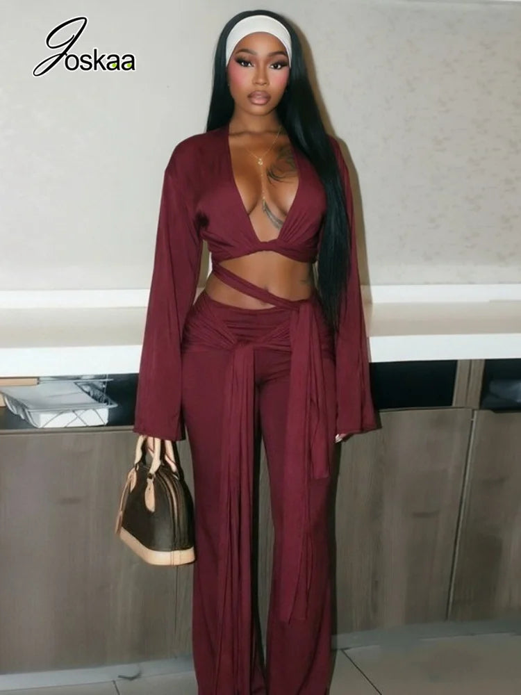 Women's Ruched V-neck Long Sleeve High Waist Two Piece Set - Side View