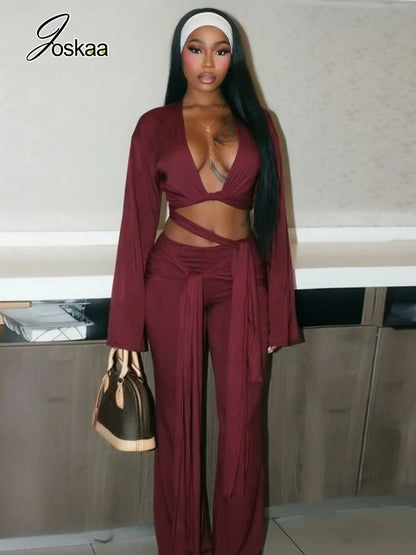 Women's Ruched V-neck Long Sleeve High Waist Two Piece Set - Side View