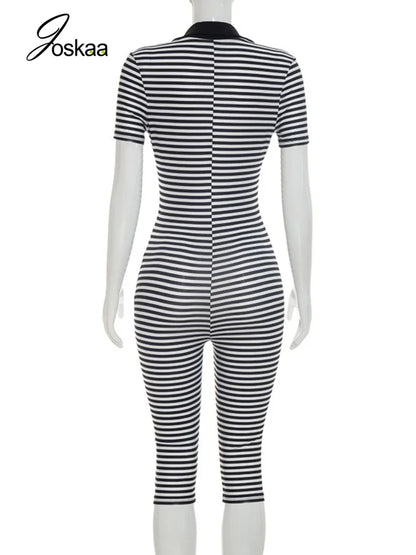 Women's Stripe Short Sleeve Crop Bodycon Romper Black – Detail View