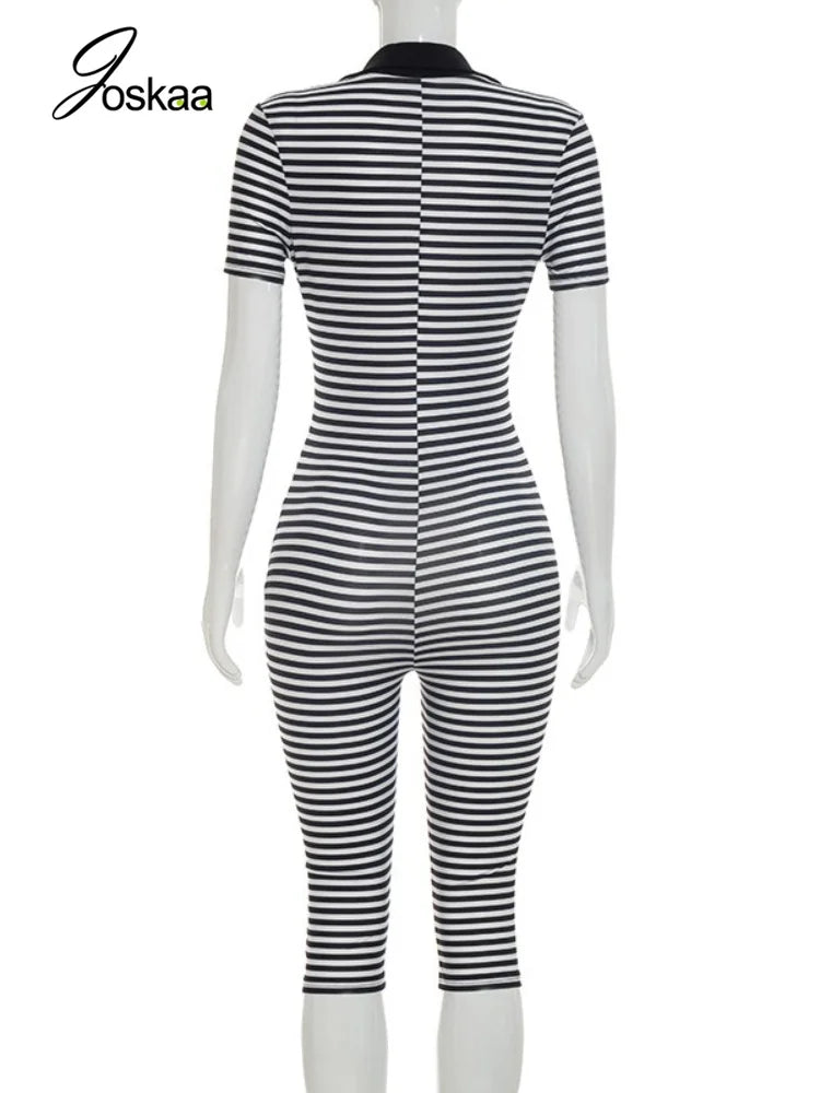 Women's Stripe Short Sleeve Crop Bodycon Romper Black – Detail View