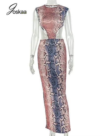 Women's Snake Print Backless Sleeveless Bodycon Maxi Dress 5437 - Back View