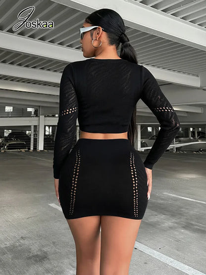 Women's Cutout Long Sleeve Crop Two Piece Set Black – Detail View