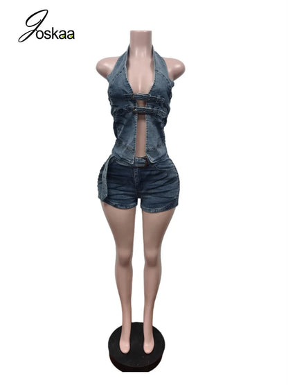 Women's Denim Backless Halter Two Piece Set Light Blue – Detail View