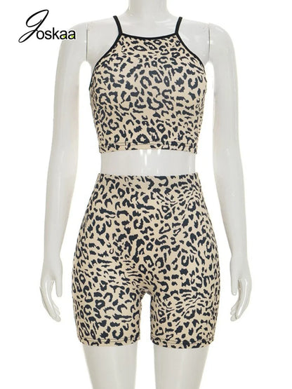 Women's Leopard Print Crop High Waist Two Piece Set Khaki – Back View