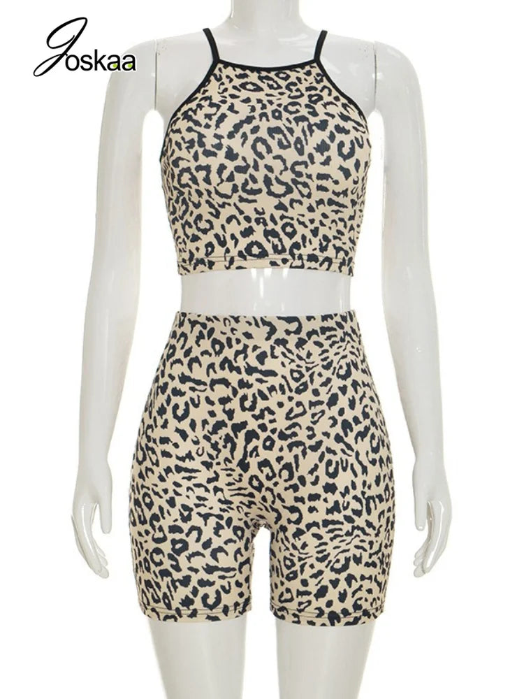 Women's Leopard Print Crop High Waist Two Piece Set Khaki – Back View