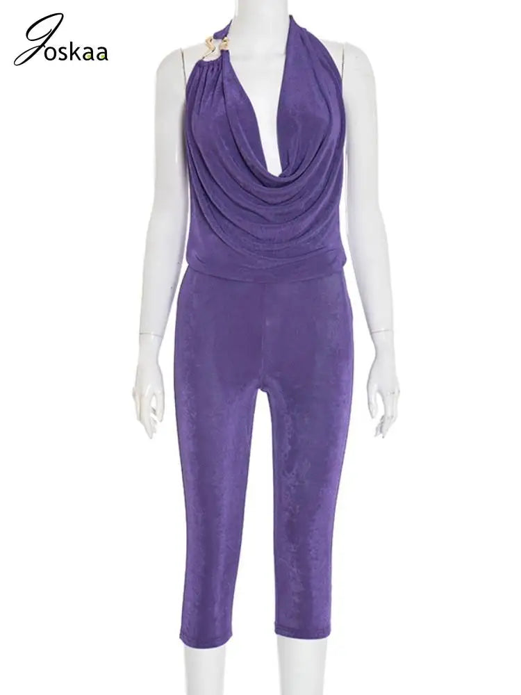 Women's Halter Crop Fall Cowl Neck Two Piece Set Blue – Back View