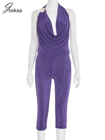 Women's Halter Crop Fall Cowl Neck Two Piece Set Blue – Back View