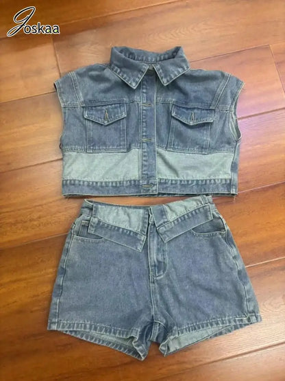 Women's Denim Patchwork Stretch Lapel Two Piece Set Sky Blue – Detail View