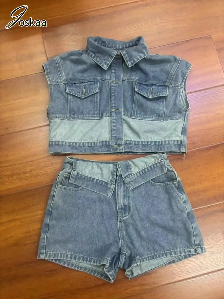 Women's Denim Patchwork Stretch Lapel Two Piece Set Sky Blue – Detail View
