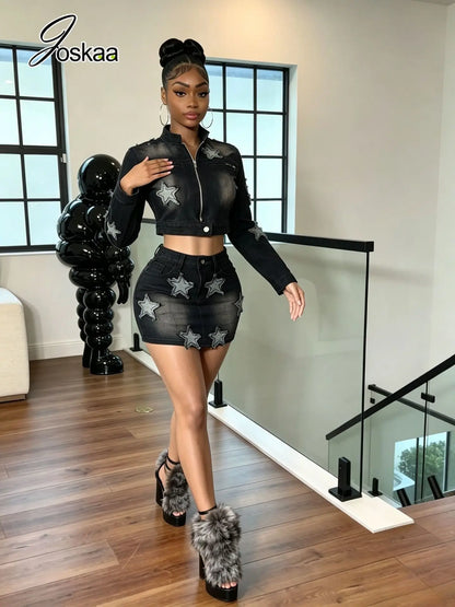 Women's Denim Print Zip Up Long Sleeve High Waist Two Piece Set - Side View