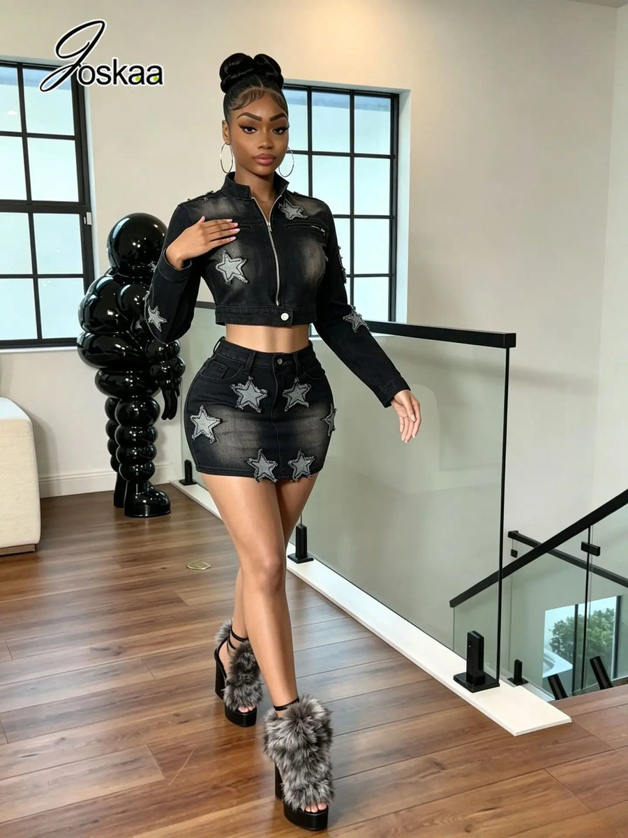 Women's Denim Print Zip Up Long Sleeve High Waist Two Piece Set - Side View