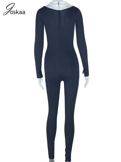 Women's Long Sleeve Bodycon Jumpsuit Romper Black – Detail View