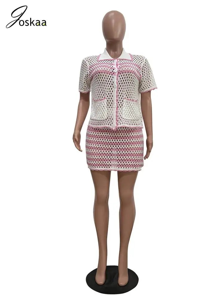 Women's Stripe Knit Short Sleeve Two Piece Set Pink – Detail View