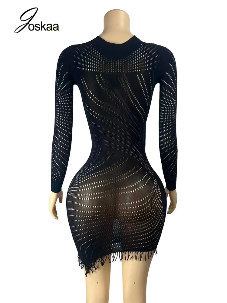 Women's Mesh Cutout Long Sleeve Bodycon Mini Dress - Model Wearing Style