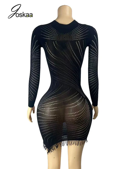 Women's Mesh Cutout Long Sleeve Bodycon Mini Dress - Model Wearing Style