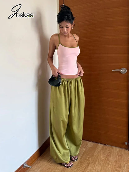 Women's Backless Crop Color Blocking Low-neck Two Piece Set Green – Front View
