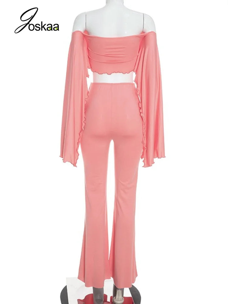 Women's Ruched Long Sleeve High Waist Wide Leg Two Piece Set - Detail View