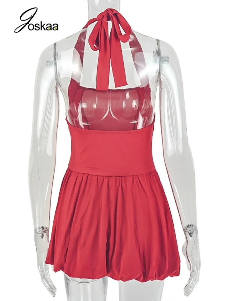 Women's Ruched Backless Halter Sleeveless Mini Dress - Detail View