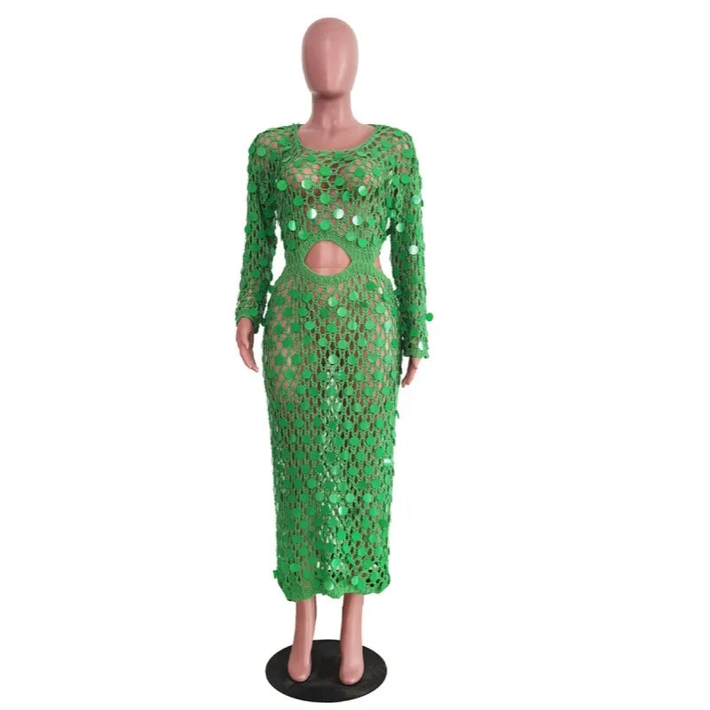 Women's Sequin Knit Cutout Long Sleeve Maxi Dress
