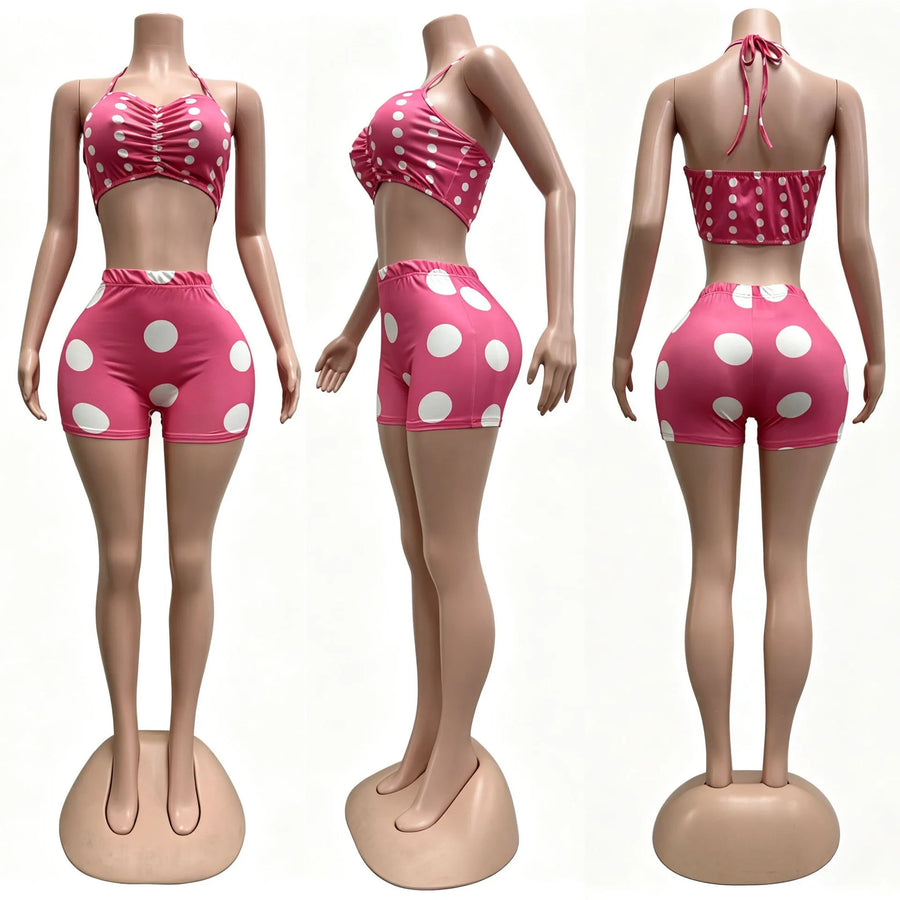 Women's Polka Dot Ruched Halter Two Piece Set
