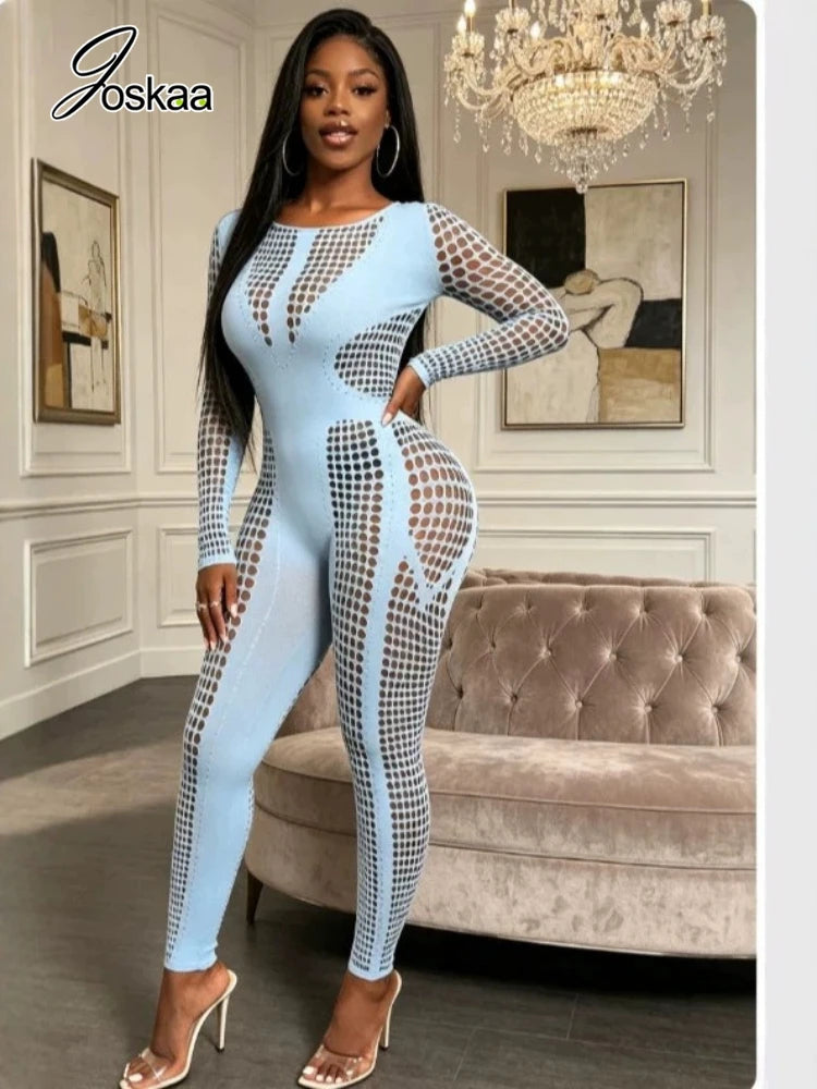 Women's Cutout Long Sleeve Bodycon Romper Sky Blue – Back View