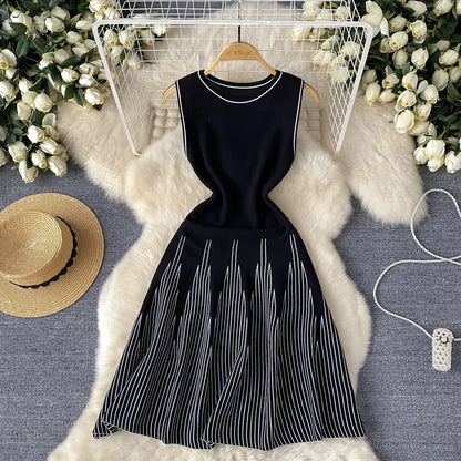 Women's Stripe Knit Sleeveless Ribbed Dress