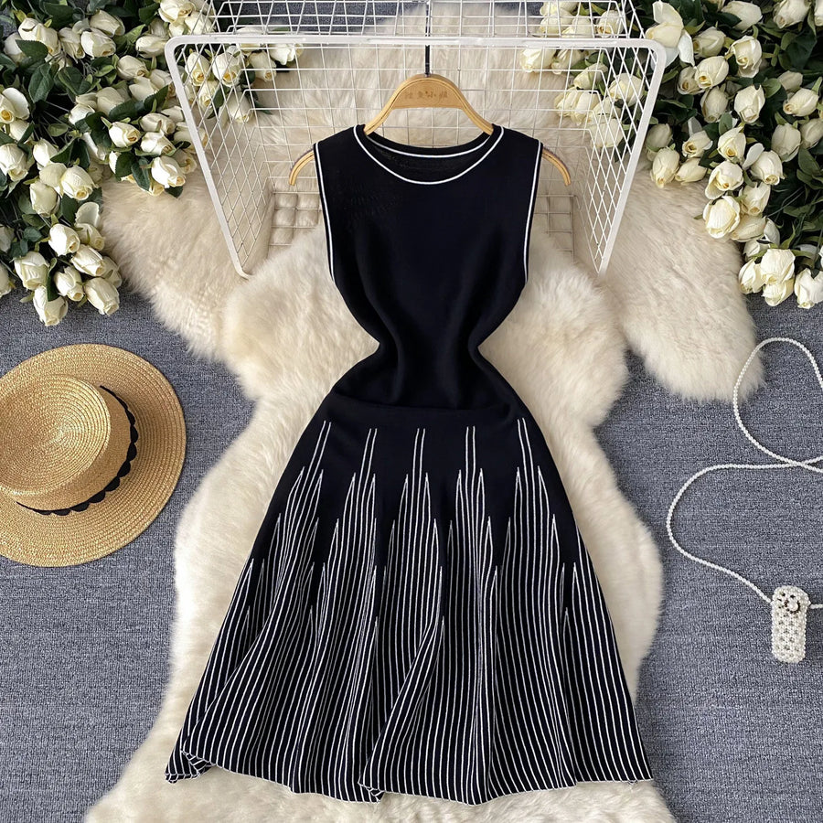 Women's Stripe Knit Sleeveless Ribbed Dress