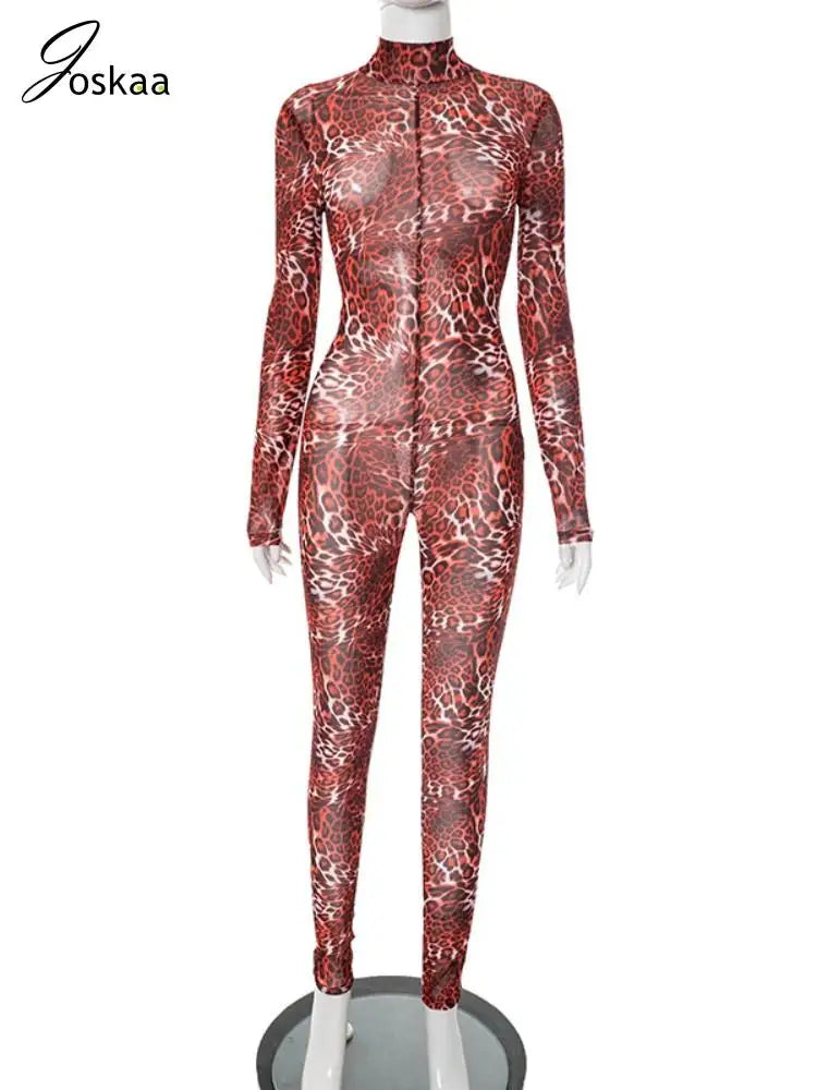 Women's Leopard Print Mesh Backless Romper Red – Back View