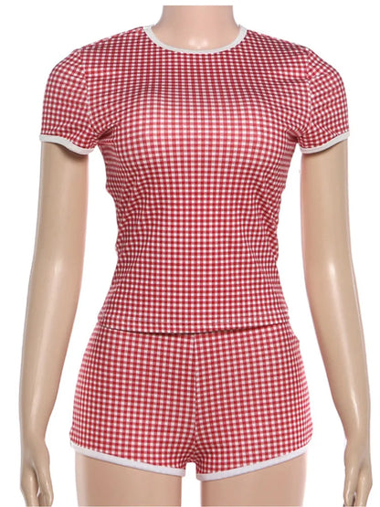 Women's Short Sleeve Crop Plaid Two Piece Set Red – Back View