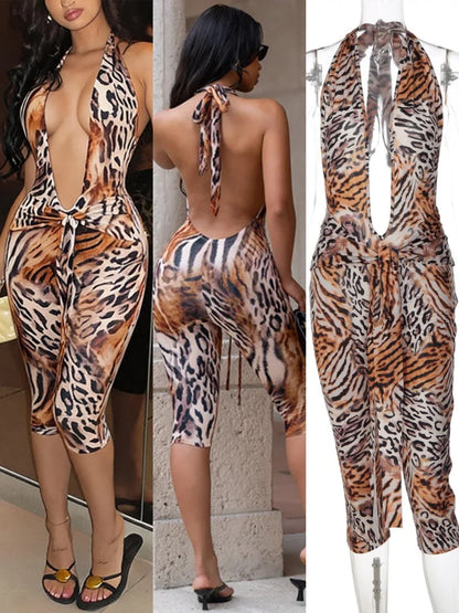 Women's Leopard Print Lace Ruched Backless Romper - Detail View 7