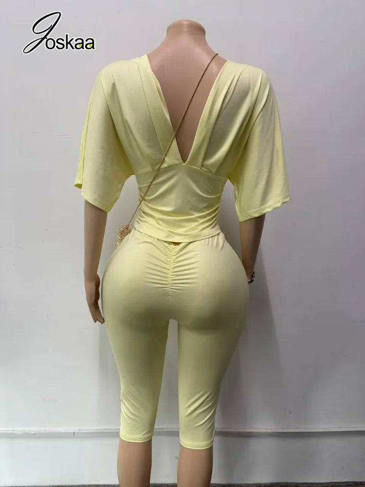 Women's Ruched V-neck Two Piece Set - Detail View