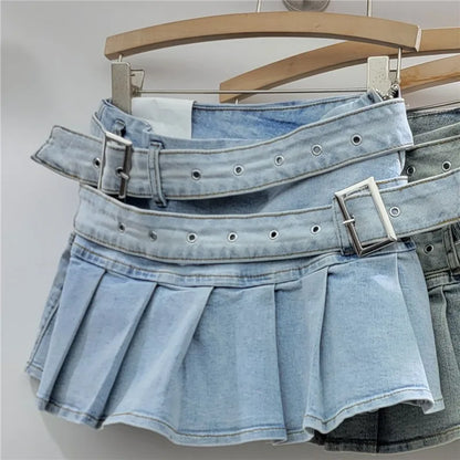 Women's Denim Mini Pleated Retro Low Skirt