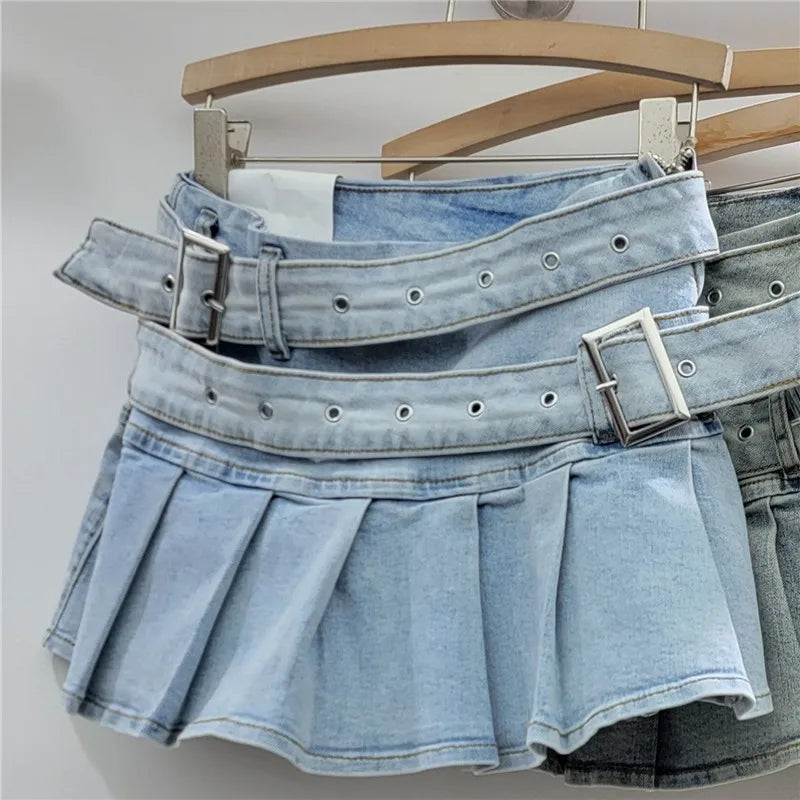 Women's Denim Mini Pleated Retro Low Skirt