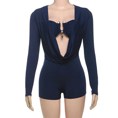 Women's Long Sleeve Bodycon Metal Buckle Decorate Romper